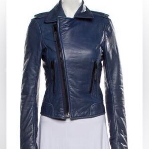 Authentic Balenciaga 100% Lamb Leather Biker Jacket blue 6 small